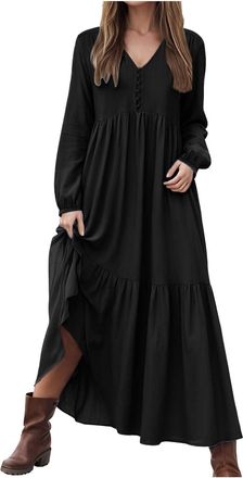 Generic Summer Dresses for Women UK Linen Long Sleeve Comfy Boho Floral Print V Neck Ladies Maxi Dress Beach Swing Long Dresses Slim Fit A Line Wrap Flowy Dre