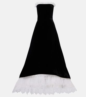 Costarellos Laurette lace-trimmed velvet bustier gown