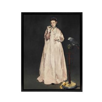Artery8 Young Lady With a Parrot Portrait Manet Vintage Framed Canvas Wall Art in Grey | Size: W24 x H32