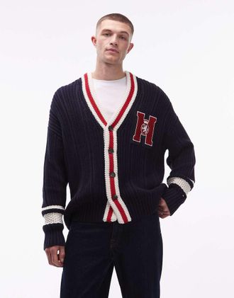 Tommy Hilfiger Cardigan blu navy e rosso con logo ricamato