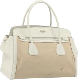 Prada Pre-owned Vintage Canvas Tote Bag - Dames - Vintage Shopper - Beige - ONE Size - Leer - Vintage
