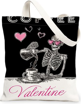 Generic Valentine Skeleton Canvas Tote Bags, Cute Skeleton Love Design Reusable Grocery Bags, Lightweight Washable Shoulder Strap C, White, 13x15 Inch