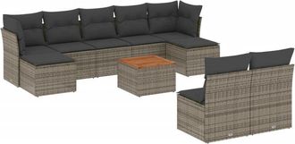 vidaXL Set De Sof&aacute;s De Jard&iacute;n 10 Pzas Con Cojines Rat&aacute;n Sint&eacute;tico Gris Vidaxl