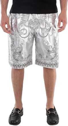 Versace Mens Silver Baroque Print Silk Twill Shorts
