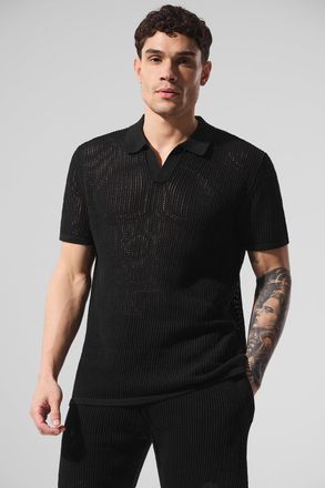 Alo | Open-Knit Polo Shorts Short Sleeves Top in Black, Size: Medium