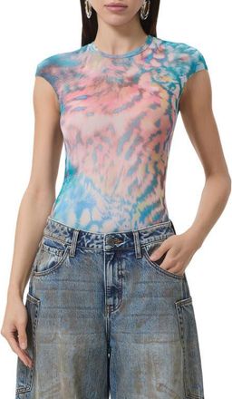 AFRM Nina Print Cap Sleeve Mesh Top in Pastel Animal at Nordstrom, Size X-Large