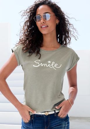 Beach Time T-Shirt BEACHTIME mit Frontdruck Smile, Damen, Gr. 32/34, gr&uuml;n (khaki), Obermaterial: 100% Baumwolle, bedruckt, bequem normal, Rundhals, mit Aufschlag