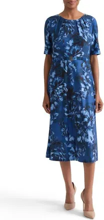 Kasper Floral Belted A-Line Dress in Blue Night Multi at Nordstrom, Size 14