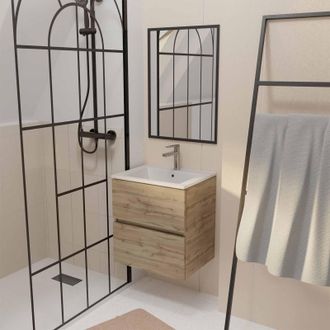 Aurlane Aurlane - Mueble De Ba&ntilde;o 50 Decorado Roble, 2 Cajones, Lavabo Blanco Y Espejo 50x70cm