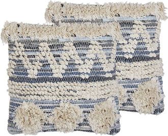 Beliani Beliani - 2 Boho Cushions Cotton Geometric Pattern 45 x 45 cm Beige and Blue Eytelia