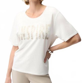 Joseph Ribkoff Front Print Straight T-Shirt With Rhinestones Top In Vanilla/beige