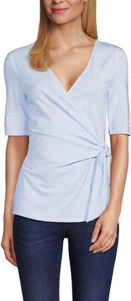 Lands End Elbow Sleeve Lightweight Jersey Side Tie Blouse in White/periwinkle Tiny Stripe at Nordstrom, Size X-Large P
