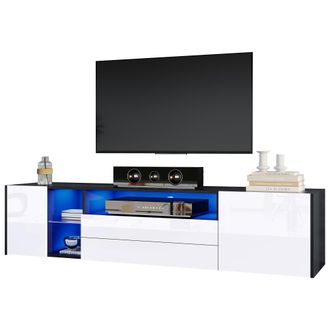 STILVORA Mueble Tv Con 2 Cajones, 2 Armarios Y Led, Frontal Alto Brillo, Sal&oacute;n, En Tablero De Part&iacute;culas, Blanco Y Negro, 180&times;40&times;45 Cm