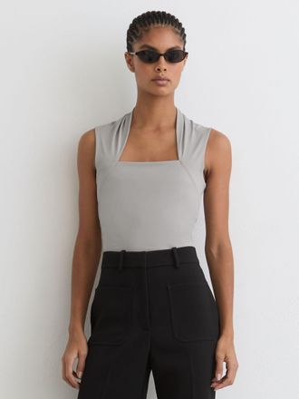 Reiss Grey Square-neck Ruched Sleeveless Top, 16