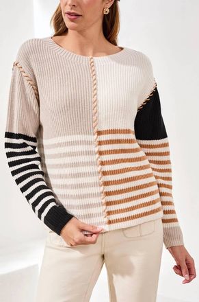 Tribal Textured Boat Neck Sweater In Multi Stripe