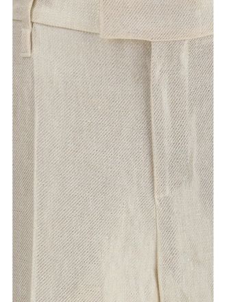 Brunello Cucinelli Womens Tailored Linen Pants Panama-Platinum Silk Trousers Panama/platinum