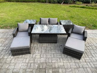 Fimous High Back Rattan Garden Furniture Sofa Sets with Height Adjustable Rising Lifting Table 2 Side Tables 2 Big Footstool in Dark Grey