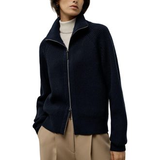 LilySilk Ribbed-knit Turtleneck Zip Cardigan in Navy Blue at Nordstrom, Size Medium