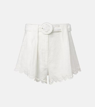 Farm Rio Belted pleated scalloped linen shorts