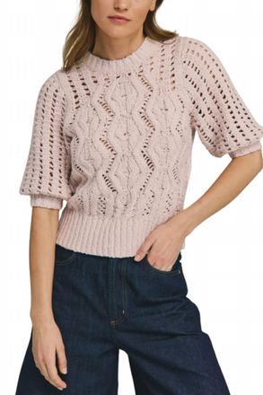 Autumn Cashmere Elbow Mesh Sleeve Cable Crew Top In Ballet Slipper