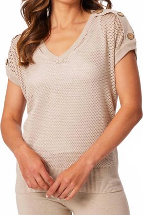 French Kyss Short Sleeve Crochet V-Neck Blouse In Beige