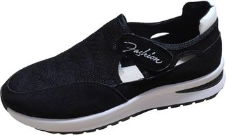 Generic Womens Fashion Hollow Out Leather Slip On Platform Sneakers Comfortable Casual Walking Footwear with Solid Color Design (Black, 4.5)