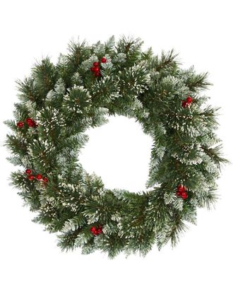 Nearly Natural 24In Artificial Frosted Swiss Pine Wreath With Berries