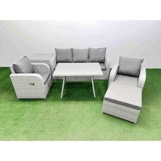 Fimous Reclining Chair 3 Seat Sofa Set Garden Furniture Set with Rectangular Dining Table Side Table Big Footstool Light Grey - Fimous