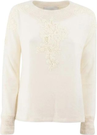 Ermanno Scervino Trui met Ronde Hals en Kantinzetting - Dames - Ronde hals truien - Wit - M - Truien & Vesten