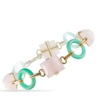 Luxury Bazaar Art Deco 14K Yellow Gold Rose Quartz and Green Chalsedony Bracelet MF02-091526