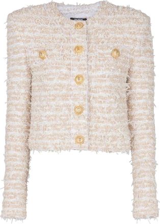 Balmain Cropped Tweed Jas - Dames - Blazers - Beige - S - Tweed - Jassen