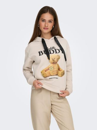 Only Kapuzensweatshirt ONLY ONLRICKY L/S HOOD BOX SWT, Damen, Gr. XS, pumice stone print:buddy, schwarz sateen strings, Sweatware, Obermaterial: 50% Baumwo