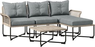 OUTSUNNY Conjunto De Jard&iacute;n De Rat&aacute;n Sint&eacute;tico Juego De 5 Piezas Muebles De Jard&iacute;n Con 2 Sof&aacute;s Esquineras 1 Sof&aacute; De Exterior 1 Taburete 1 Mesa De Centro
