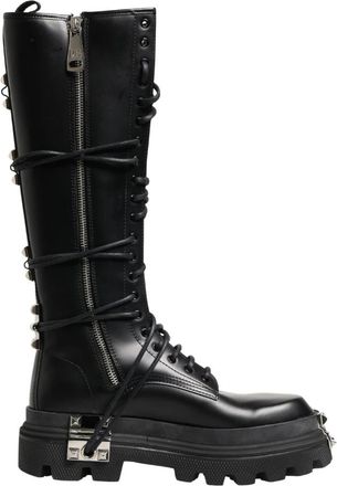 Dolce & Gabbana Kniehoge Combat Boots - Heren - Hoge Laarzen - Zwart - 44 EU - Leer - Schoenen