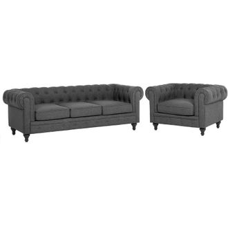 Beliani Juego de sala de estar Chesterfield tapizado en tela gris patas de madera oscura sofá de 3 plazas + sillón Chesterfield