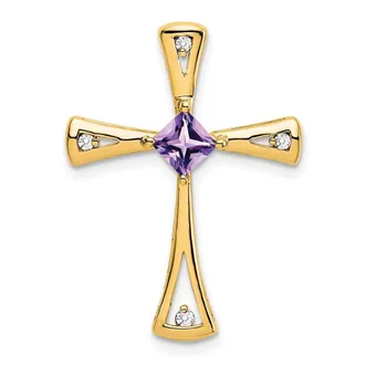 Diamond2Deal 14k Yellow Gold 4mm Square Amethyst and Diamond Cross Chain Slide