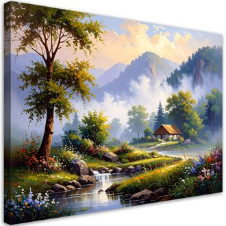 Feeby Cuadro En Lienzo Casita En Las Monta&ntilde;as Paisaje R&iacute;o 100x70