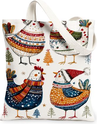 Generic Christmas Chicken Canvas Tote Bags, Poultry Pattern Reusable Grocery Bags, Winter Rustic Lightweight Washable Shoulder Stra, White, 13x15 Inch