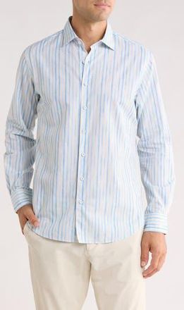 Rodd & Gunn Forest Gate Sport Fit Stripe Linen & Cotton Button-Up Shirt in Ocean at Nordstrom Rack, Size Xx-Large
