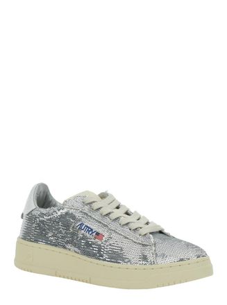 Autry Womens Silver-Colored Sneaker With Bead Embellishment Metallic Leather Blend Trainers