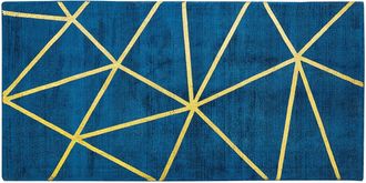 Beliani Beliani - Alfombra Azul Con Estampado Geom&eacute;trico Dorado De Viscosa Con Algod&oacute;n 80 X 150 Cm Tejida A Mano Estilo Moderno Glam Havza