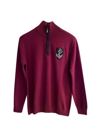 Balmain Crest Detail Red Quarter Zip Jumper Size L