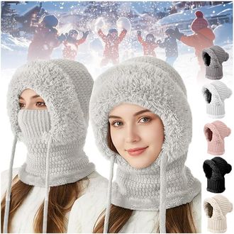 Generic Beanie Hats For Women, 3 In 1 Beanie Hat With Scarf And Mask, Womens Outdoors Windproof Scarf Hat, Knitted Ski Mask Set (White)