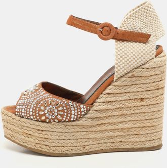 Le Silla Brown/beige Canvas And Suede Crystal Embellished Wedge Sandals