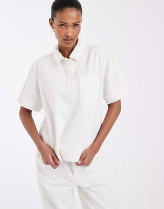 Lacoste Camicia squadrata in denim &eacute;cru in coordinato-Bianco