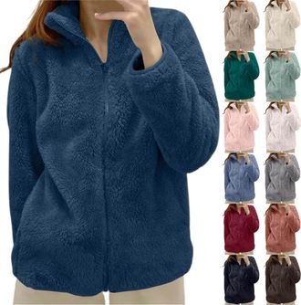 Generic Womens Fuzzy Teddy Jacket Warm Soft Fluffy Coats Causal Solid Color Long Sleeve Full Zip Jacket Fleece Women Warm Casual Zip Soft Fleece Tops for Ladi