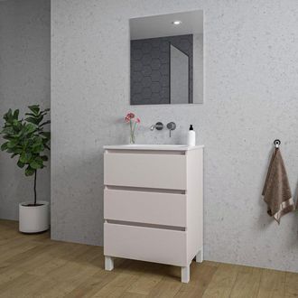 Saniclass Chaci PLUS Badkamermeubelset - 60x86x46cm - keramische wastafel wit - 1 wasbak - zonder kraangaten - 3 lades - rechthoekige spiegel - mat cotton (beig