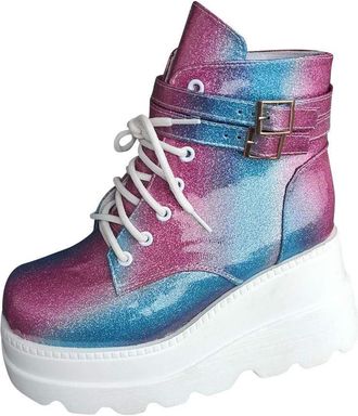 Generic Womens Fashion Multicolor Boots Ladies Zip Up Platform Shoes Boots for Women Leather Sole (Multicolor, 8)