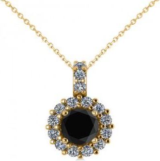 Allurez Round Black Diamond & Diamond Halo Pendant Necklace 14k Yellow Gold (0.80ct)