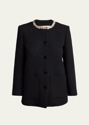 Valentino Garavani Crystal Embroidered Collarless Single-Breasted Coat